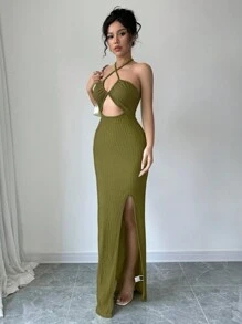 Breezaya 女士性感露背系带镂空高开叉超长紧身连衣裙 - 軍綠色 - 查看 4