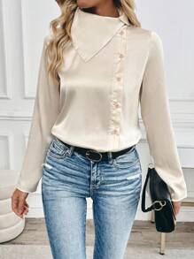 Chiquease Camisa elegante de manga larga con cuello vuelto asimétrico, abertura frontal asimétrica con forma de H, tejido elástico para mujer, color albaricoque, otoño/invierno