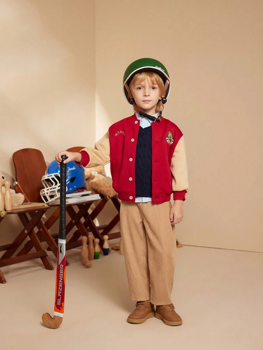 PrepCrw Young Boys' Autumn/Winter Collegiate Style Burgundy And Khaki Embroidered Letter Knitted Fleece Patchwork Crew Neck Jacket, Back-To-School - Multicolor - View 1