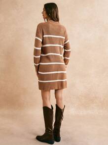 Poéselle Striped Pattern Drop Shoulder Jumper Dress Without Belt - Camel - View 5