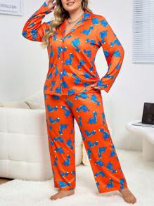 Conjunto de pijama de manga larga con cuello abierto y estampado de dinosaurio, talla grande