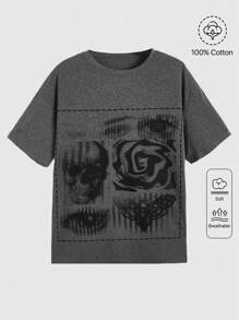 ROMWE Grunge Punk Camiseta Casual De Manga Corta Con Cuello Redondo Con Diseño De Cráneo Y Ojos Impresos - Gris Oscuro - Ver 1