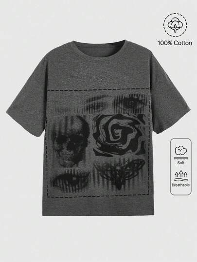 Grunge Punk Camiseta Casual De Manga Corta Con Cuello Redondo Con Diseño De Cráneo Y Ojos Impresos