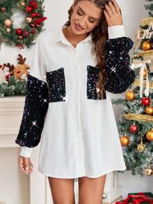 SHEIN Essnce Christmas Sequined Patchwork Shirt Jacket, White Top For Women, Sequined Jacket, Party Wear Loose Casual Shirt, Long-Sleeved Shirt, Christmas Shirt, Autumn Clothing