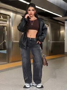 SHEIN PETITE Quần denim giản dị có túi nút phía trước dành cho nữ mặc hàng ngày - màu đen - Xem 7