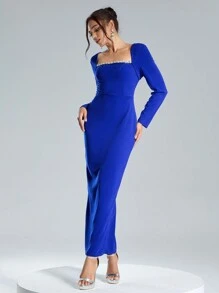 Coutiva 女士优雅针织海军蓝缀饰方领修身中长连衣裙，长袖正式晚会舞会礼服，适合婚礼嘉宾、毕业典礼、晚宴、派对礼服 - 藍色 - 查看 3