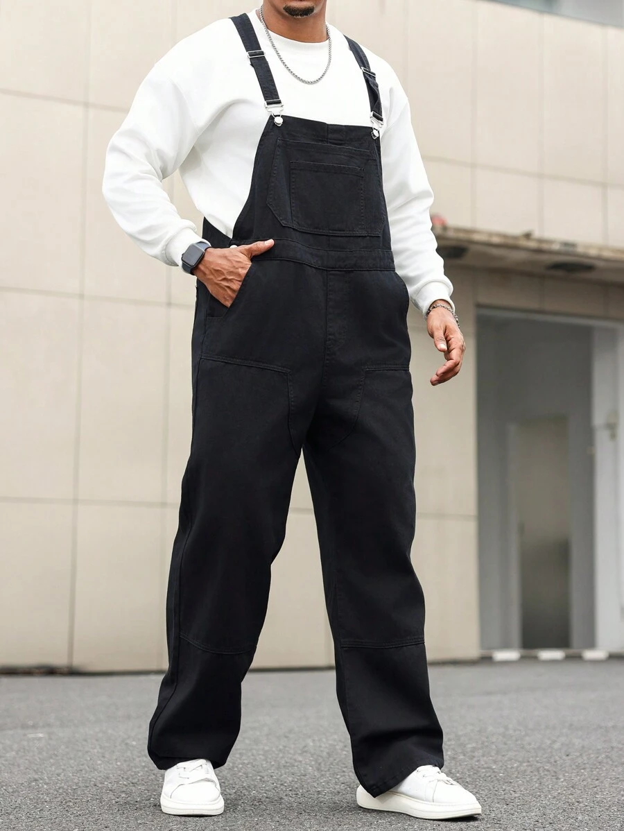 Manfinity Homme 大码男式黑色洗水牛仔工装裤 - 黑色 - 查看 1