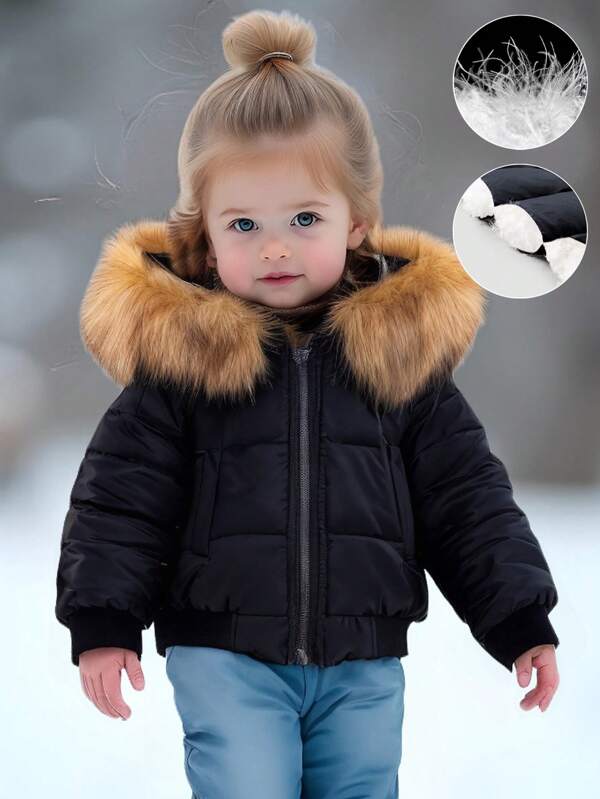 Veste matelassée à capuche courte tout-aller pour jeune fille, noire, pour le port quotidien en hiver