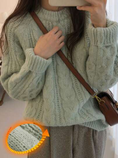 DAZY Women's Solid Color Cable Knit Crew Neck Long Sleeve Sweater, Autumn,Fall Women Clothes