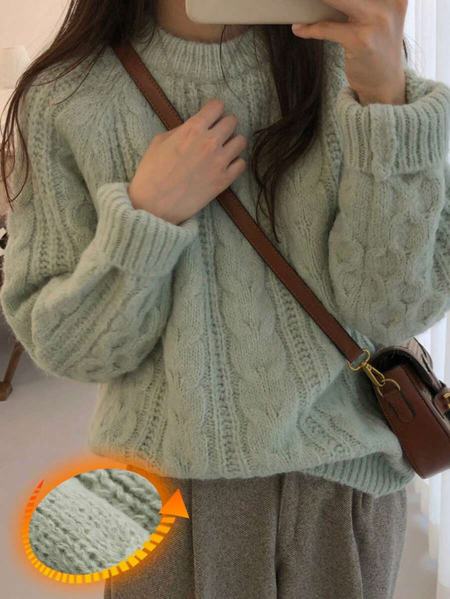 DAZY 女式纯色麻花针织圆领长袖毛衣，秋季女装 - 綠色 - 查看 1
