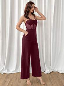 Aloruh Solid Color Mesh Contrast Hollow Out Sling Jumpsuit,Burgundy Nightclub Knitted Jumpsuit,Suitable For Daily Commutes And Summer Dates - Burgundy - View 4