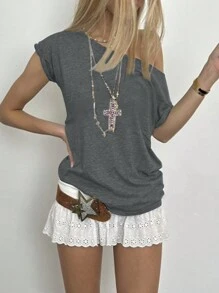 INAWLY 女士休闲纯色不对称领口蝙蝠袖 T 恤，夏季图案 T 恤女式上衣