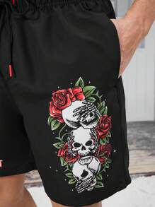 Surfspeed Men's Letter & Skull Print Drawstring Waist Loose Fit Casual Beach Shorts - Black - View 8
