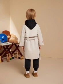 PrepCrw 年轻男孩学院风双排扣卡其色领风衣，长袖长款风衣，适合返校季、秋冬季 - 卡其色 - 查看 2