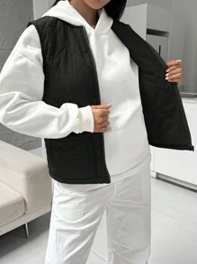 SHEIN Essnce 女士纯色圆领拉链背心，秋冬，秋季女士，秋季服装，秋季女士服装，冬季服装，拉链夹克， - 黑色 - 查看 3