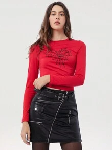 Easelle Áo thun nữ cổ tròn tay dài in họa tiết mạng nhện thu đông màu đỏ - Đỏ - Xem 1