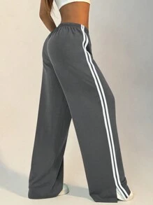 Flirla Women's Casual Versatile Contrast Color Striped Drawstring Straight Leg Sweatpants, Spring/Autumn Graduation,Back To School Outfits,Graduation,Teacher Outfits For Women,Back To School Fall Cloth For Women - Dark Grey - View 4