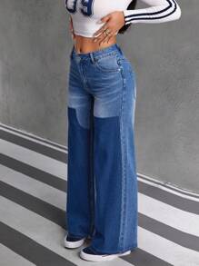 SHEIN EZwear Women's Fashionable Distressed Two-Tone Patchwork Wide Leg Jeans - Blue - View 5