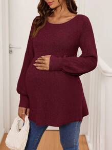 SHEIN Maternity Solid Color Round Neck Long Sleeve Pleated Casual Pullover, For Winter - Burgundy - View 3