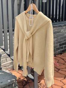 DAZY 2pcs Set Women Solid Crew Neck Pullover Sweater & Poncho Top,Fall Clothes - Ginger - View 1