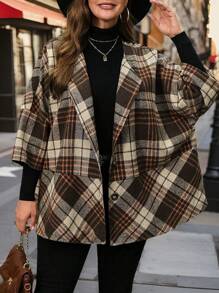 Calvaya Plus Size Ronde Hals Geruite Patchwork Casual Jas