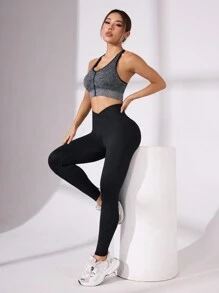 SHEIN Velisys 4件套女士纯色休闲交叉腰紧身紧身裤瑜伽裤 - 黑色 - 查看 5