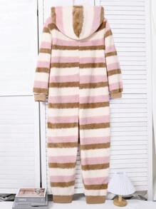 SHEIN 1 pieza Mono con capucha de manga larga a rayas moradas de moda para mujer, hecho de material de felpa cálido y cómodo - Morado - Ver 2