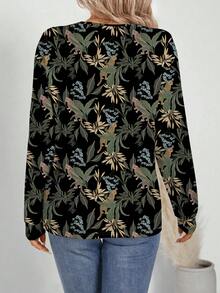 Joyce Ellen 1 pieza Camiseta gráfica elegante de manga larga con estampado de hojas y flores para mujer, para el otoño, Acción de Gracias, salir, vacaciones - Negro - Ver 2