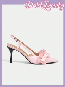 Dola Lovely Giày cao gót nữ phong cách Lolita mũi nhọn ren hồng trơn, giày thường ngày hở gót - Hồng - Xem 8