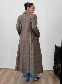 SHEIN Unity Casual Autumn/Winter Fleece Plaid Long Loose Double-Breasted Open Split Overcoat For Women - Coffee Brown - View 2