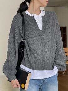 DAZY 1 pieza Suéter suelto de mujer de unicolor con patrón de cable, de cuello en V, de manga larga, ropa de otoño - Gris Oscuro - Ver 1