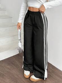 SHEIN EZwear Quần cạp chun màu trắng tương phản bên hông màu đen cho nữ - màu đen - Xem 3