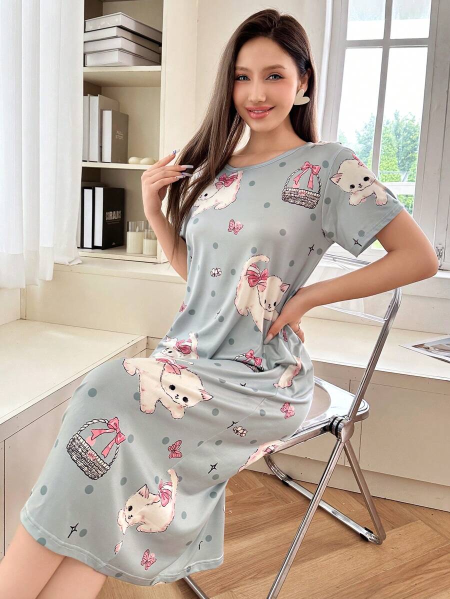 Dream Adore 1件女士140克牛奶丝数码印花睡袍，Moo Moo - 彩色 - 查看 1