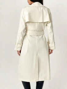 SHEIN PETITE Damski swobodny dwurzędowy beżowy płaszcz typu trencz z klapami i paskiem, jesień - Beżowy - Zobacz 2