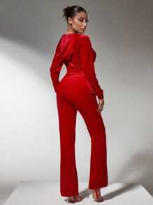 SHEIN SXY Winter Clothes Red Velvet Christmas Hoodies Pocket Pants Two-Piece Set - Red - View 3