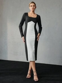 MOTF PREMIUM TWO TONE SQUARE NECK SLIM FIT MIDI DRESS WITHOUT BELT - Black and White - View 7