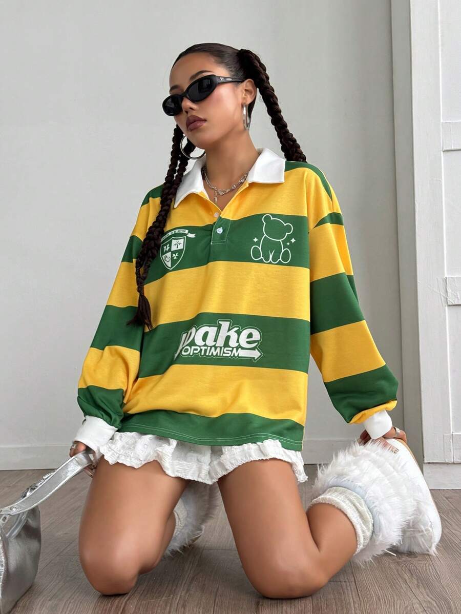 StreetHx 学院风撞色条纹印花女式高领落肩长袖休闲套头衫，秋季款 - 彩色 - 查看 1