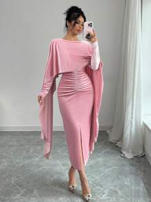 Chiquease 1 件女士优雅纯色天鹅绒垂坠连体连衣裙，秋季 - 淺粉色 - 查看 4