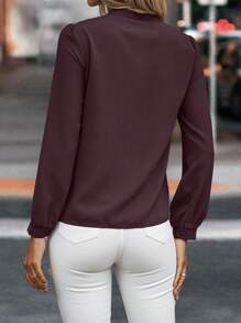 EMERY ROSE 1pc Women Casual Solid Color Lantern Sleeve Tie Collar Blouse, Autumn Fall Cloth For Women - Purple - View 2