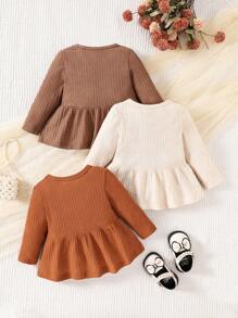 SHEIN Baby Girl Ruffle Hem Round Neck Long Sleeve Casual Top, Solid Color, For Autumn - Multicolor - View 2