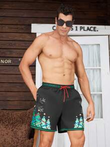 Surfspeed Men's Christmas Theme Printed Casual Drawstring Beach Shorts - Black - View 1