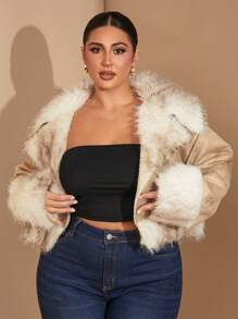 SHEIN BAE Cappotto oversize da donna in pelliccia sintetica, giacca in pelliccia morbida e soffice, con motivo sfumato astratto, giacca corta con colletto e orlo in pelliccia, cappotto invernale in montone - Albicocca - Visualizzare 5