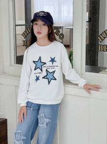 2pcs Set Tween Girl Printed Sweatshirt & Straight Leg Jeans - White - View 3