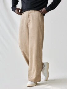 Manfinity VCAY Men's Woven Casual Pants, Elastic Waist Relaxed Fit Straight Leg Solid Color Trousers