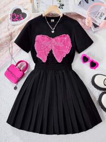 Bộ 2 áo thun tay ngắn cổ tròn đính nơ và chân váy xếp ly màu đen cho bé gái tuổi teen, mùa hè, ngày lễ, mùa hè, du lịch - màu đen - Xem 1