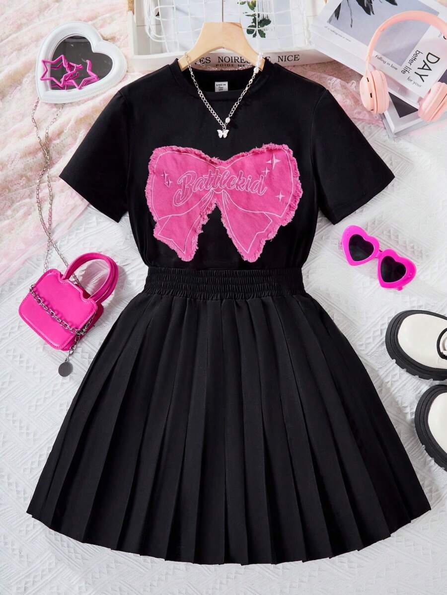 Bộ 2 áo thun tay ngắn cổ tròn đính nơ và chân váy xếp ly màu đen cho bé gái tuổi teen, mùa hè, ngày lễ, mùa hè, du lịch - màu đen - Xem 1