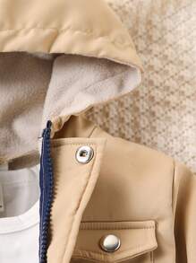 SHEIN Bộ 2 áo khoác nỉ và quần jeans dài thời trang cho bé trai, thích hợp cho đi du lịch và tiệc tùng, quần áo thu đông - Màu be - Xem 5