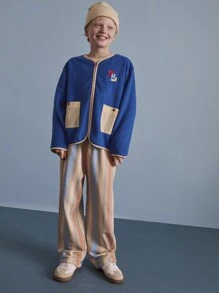 SHEIN Tween Boys Casual Daily Jacket With Embroidery Pattern, Contrast Color Pocket, Blue Fleece, Suitable For Autumn & Winter - Blue - View 3