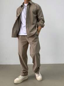 DAZY Men's Casual Solid Color Button-Front Shirt And Pants Set, Autumn - Grey - View 8