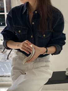 DAZY 1pc Women Loose Pocketed Lapel Casual Denim Blouse Shirt,Fall Clothes,Jeans Jacket Long Sleeve Women